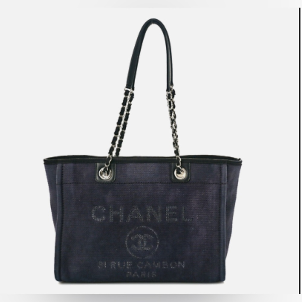 Chanel Canvas Small Deauville Tote Navy Shopper Shoulder Bag.